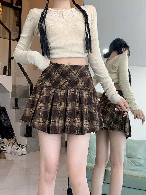 New retro wool plaid pleated skirt high waist slimming versatile anti-exposure A-line skirt