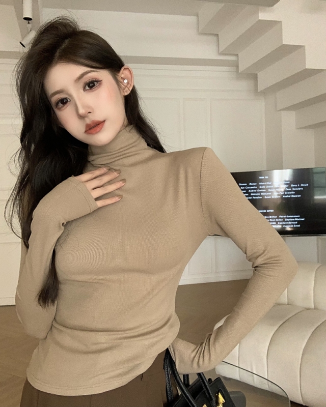 Autumn and winter new Hong Kong style high collar brushed threaded cotton slim fit short long sleeve bottoming shirt top