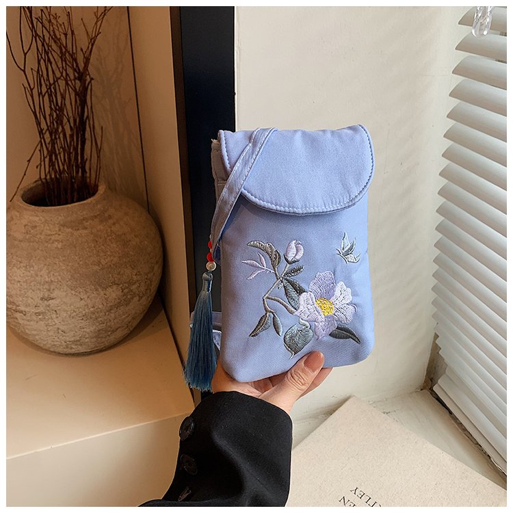 Crossbody double-layer mobile phone bag bright silk satin embroidery fresh and compact Hanfu antique style flip small square bag women's bag