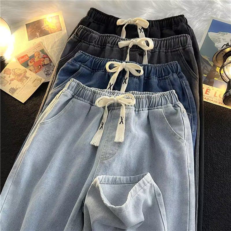 Jeans men's straight-leg loose drawstring nine-point men's pants summer trendy brand retro casual wide-leg pants