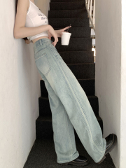 Light-colored denim wide-leg pants for women, high-waisted, loose, straight, drapey floor-length pants, trendy
