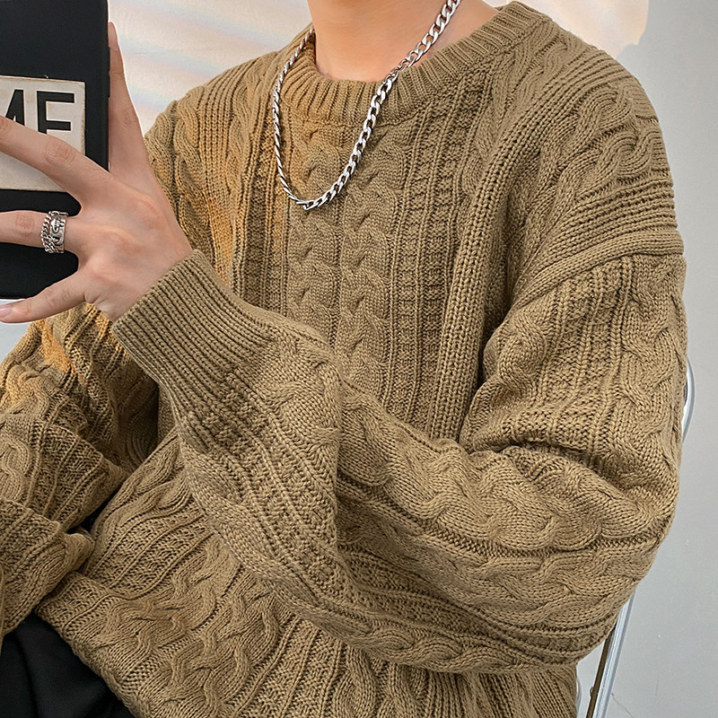 Solid color sweater men's Hong Kong style ins loose lazy round neck student simple versatile sweater