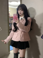 Light American sweetheart college uniform woolen jacket + short slim-fitting white shirt pleated skirt