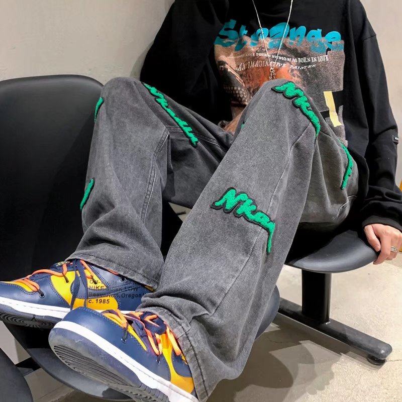 Flocked jeans men's spring and autumn American high street vibe style straight-leg loose trendy brand wide-leg pants