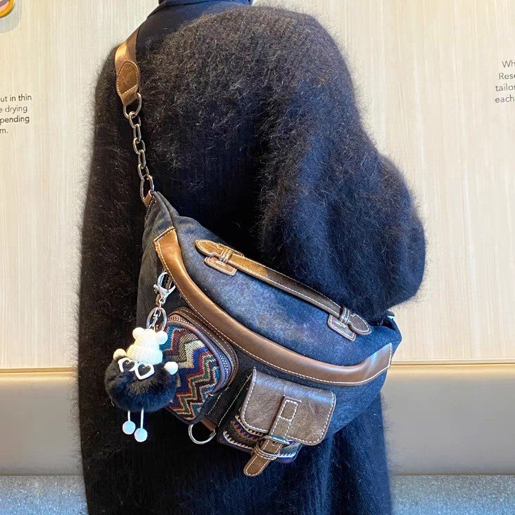 Retro denim canvas bag women's cross-body waist bag ethnic style embroidered casual neutral simple cross-body dumpling bag chest bag
