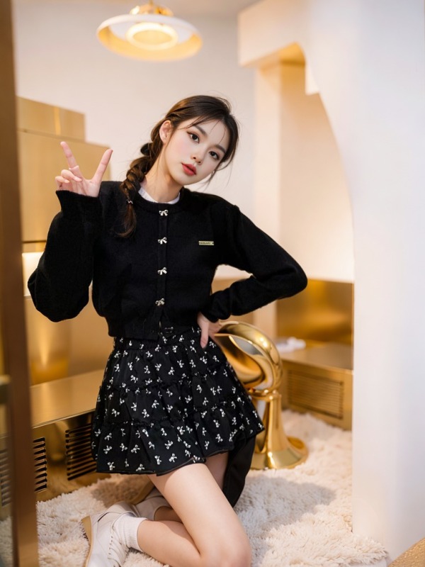 Sweet long-sleeved sweater cardigan women's autumn new bow design slimming short top