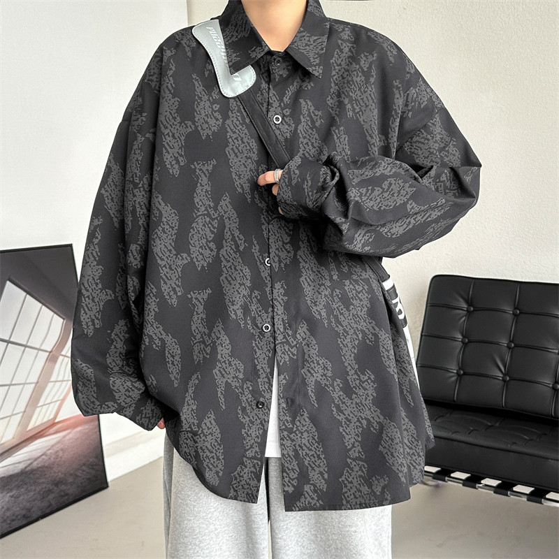 Autumn clothing Hong Kong style printed loose simple shirt men's trendy shirt tops