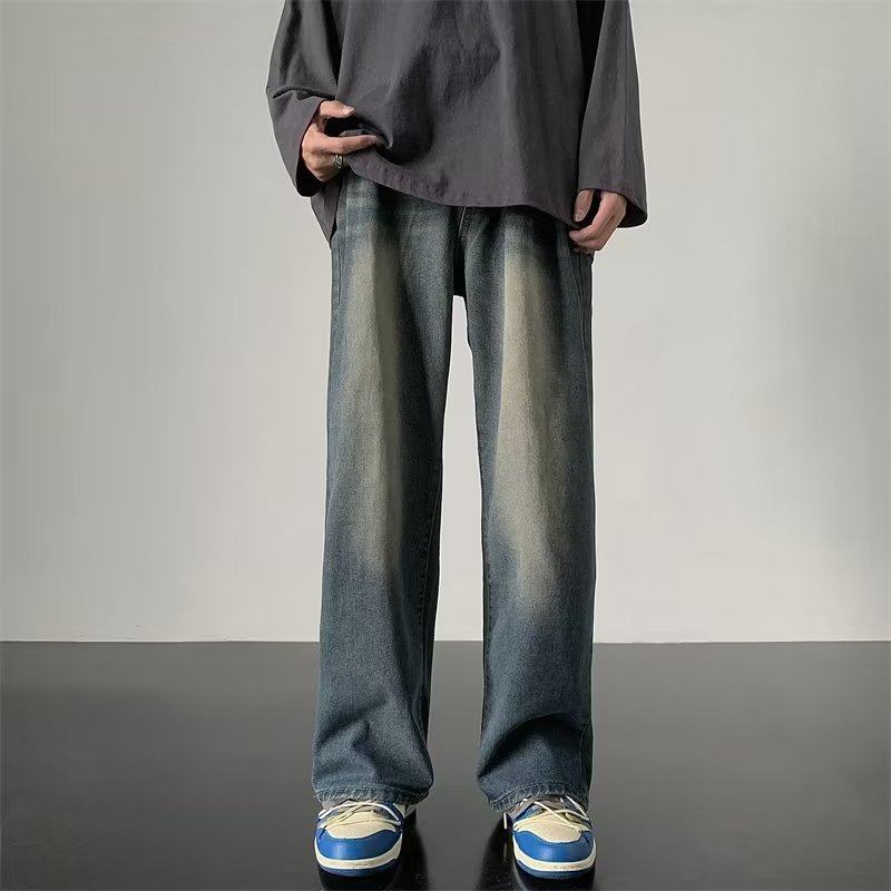 American retro Hong Kong style jeans for men spring new wide-leg high street fashion loose straight trousers