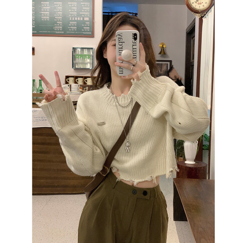 Holed short, raw edge, long-sleeved sweater for women, autumn and winter new style, niche loose outer knitted top