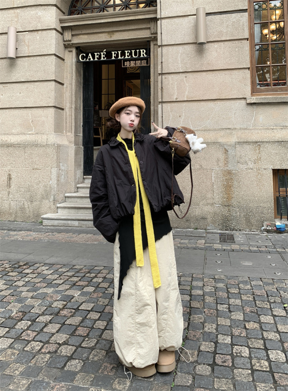 Japanese style casual and versatile drawstring lantern sleeve cotton clothing asymmetrical beveled slit T-shirt loose wide-leg pants