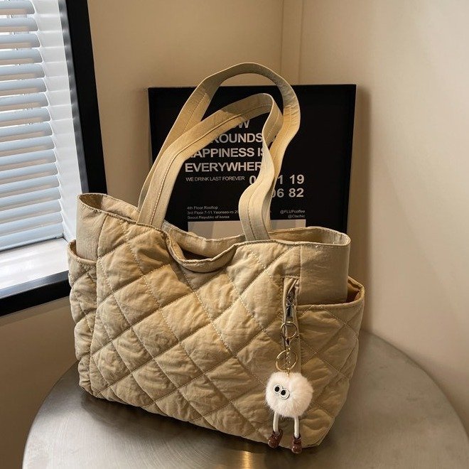 Korean style ins cotton clothing bag women's new rhombus large capacity portable tote bag commuting shopping shoulder bag