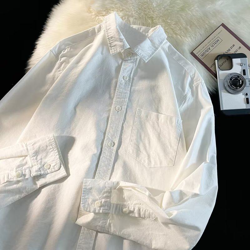 Trendy long-sleeved loose-fitting literary fashion youth popular spring solid color versatile men's trendy lazy new shirt