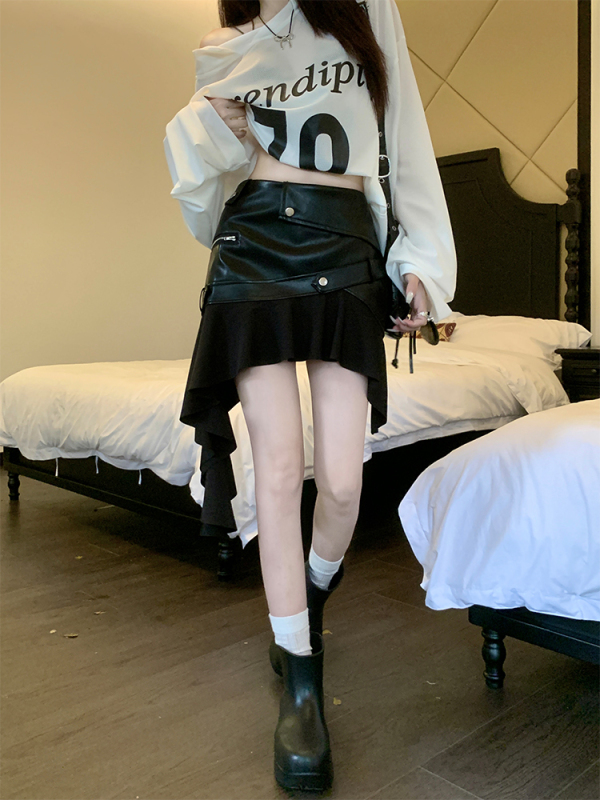 Designed PU leather stitching pleated irregular skirt, temperament hot girl high waist slimming hip skirt