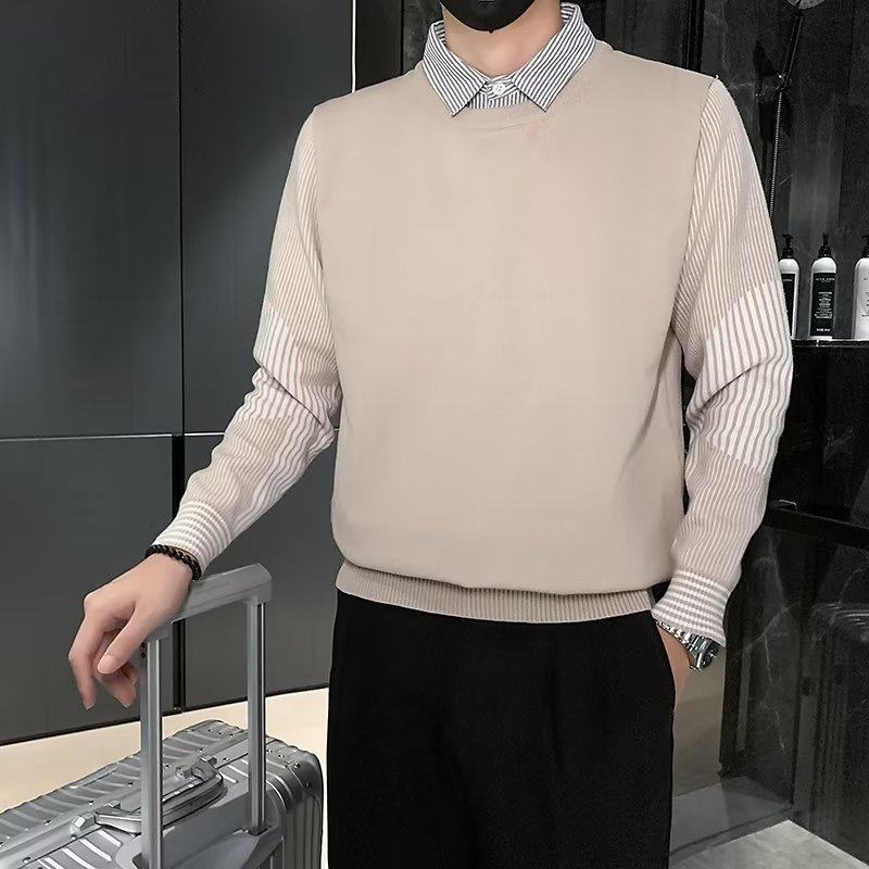 Lazy style fake two-piece sweater men's shirt collar autumn and winter Internet celebrity design niche outer wear sweater