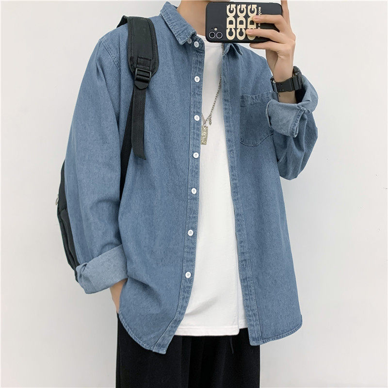 Denim jacket spring and autumn Hong Kong style casual shirt men's long-sleeved large size solid color shirt jacket men