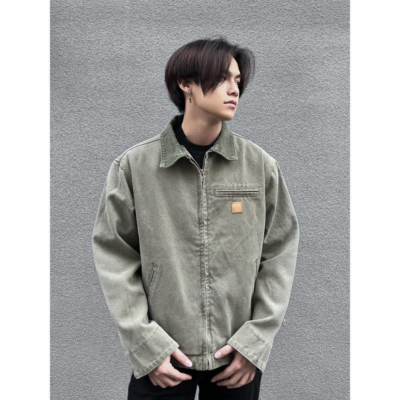 Spring new style Hong Kong style American retro washed spliced ​​lapel denim jacket men's trend