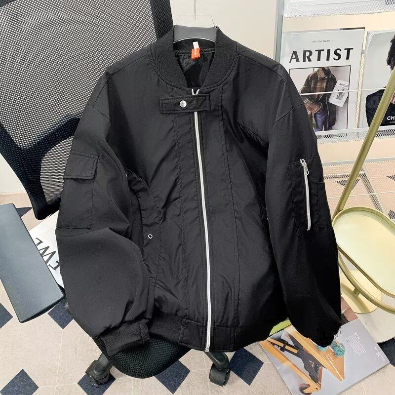 Hong Kong style autumn men's stand collar motorcycle jacket workwear webbing zipper pocket casual jacket