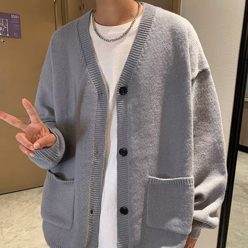 V-neck cardigan sweater for men in autumn and winter Japanese style retro lazy style sweater trendy brand loose outer sweater jacket
