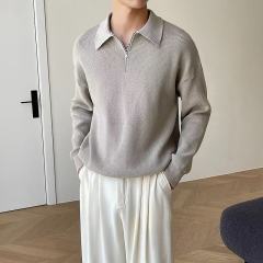 Korean style trendy zipper sweater men's lapel Korean style trendy casual long-sleeved solid color sweater top jacket