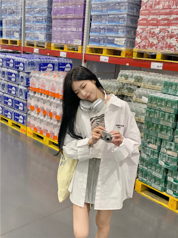 Salt style simple letter embroidered white shirt Korean style mid-length loose long-sleeved top