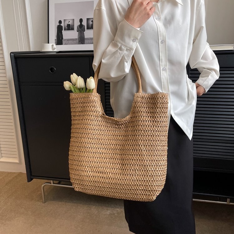 Women's Large Straw Crochet Handbag with Scarf Summer Woven Bag Shoulder Handbag Boho Style