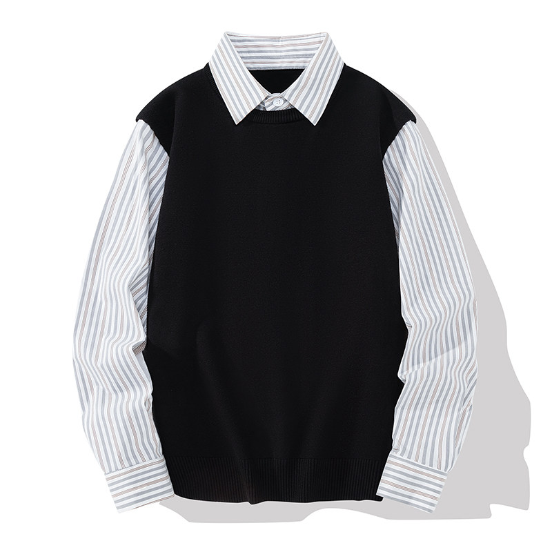 Autumn and winter new fake two-piece sweater men's thickened striped slim-fitting sweater shirt collar sweater
