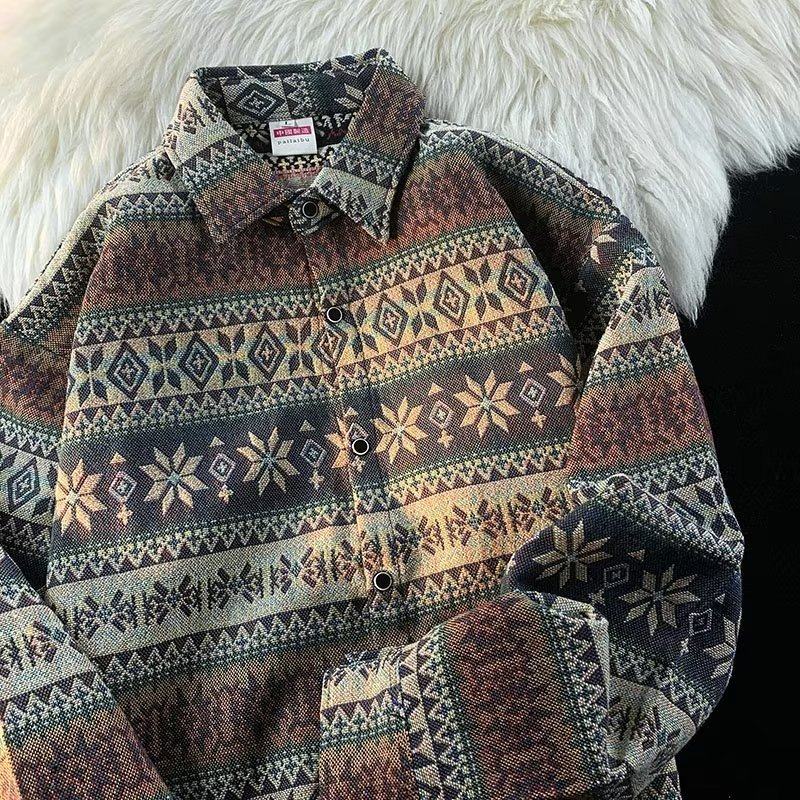Retro spring and autumn American vintage shirt men's loose Japanese full-body ethnic style coat lapel shirt trendy brand spring