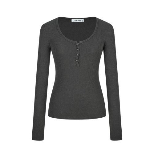 American hot girl half-open collar long-sleeved T-shirt with basic design and slim fit top