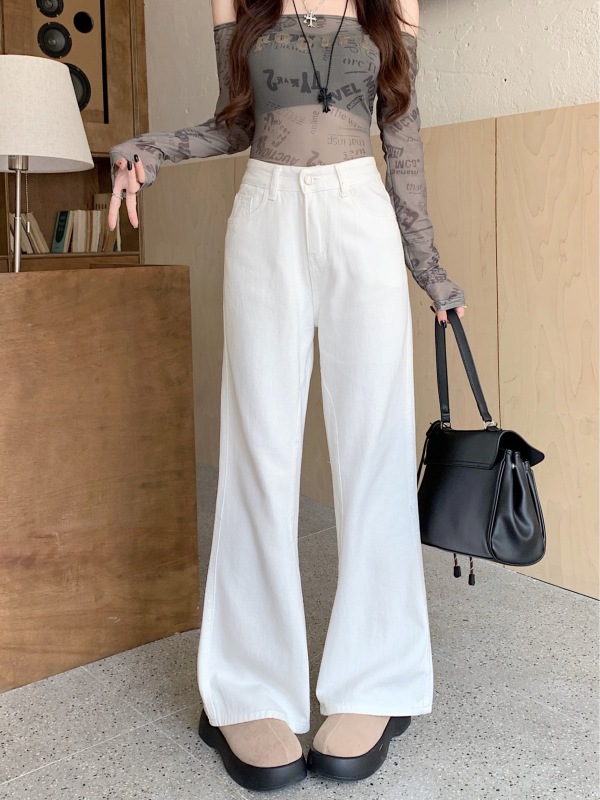 Small bootcut jeans for women, autumn new style, high-waisted, loose, slimming, white flared floor-length trousers