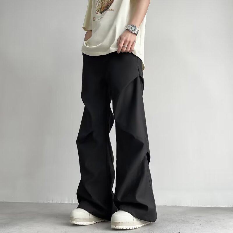 Pleated slightly raised trousers for men, drapey, high-end, handsome street trousers, straight-leg paratrooper wide-leg trousers