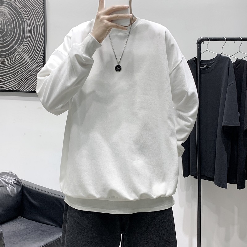 Japanese solid color casual sweatshirt men's trendy spring and autumn high street heavy round neck top