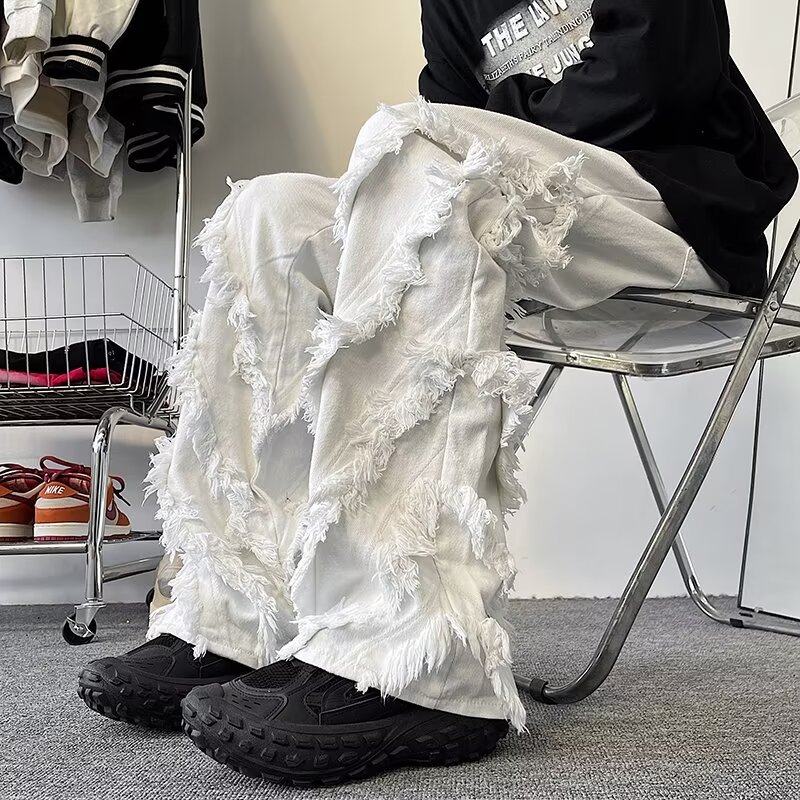Structural design raw edge jeans men's straight-leg high-end retro long pants
