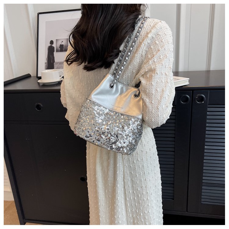 Internet celebrity sequin bucket bag for women 2023 new fashion retro soft leather shoulder underarm bag casual texture crossbody bag