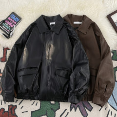 American retro leather jacket men's autumn and winter cotton casual loose pull PU leather lapel cotton jacket