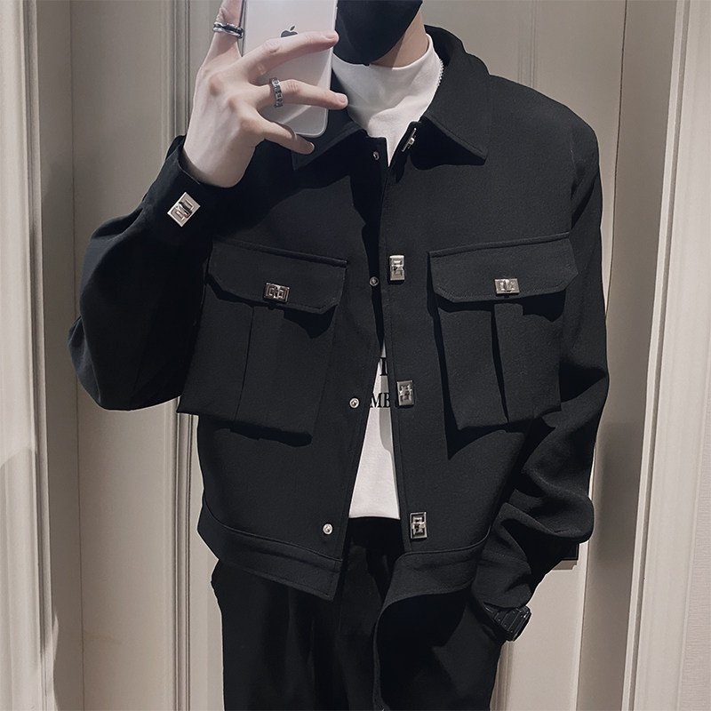 Autumn social boy handsome workwear metal buckle design jacket jacket for men with black hair