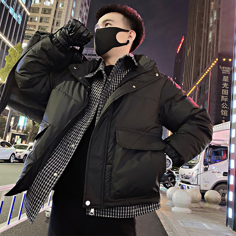 Winter high street fake two-piece social boy woolen patchwork cotton coat and jacket men's black head 1