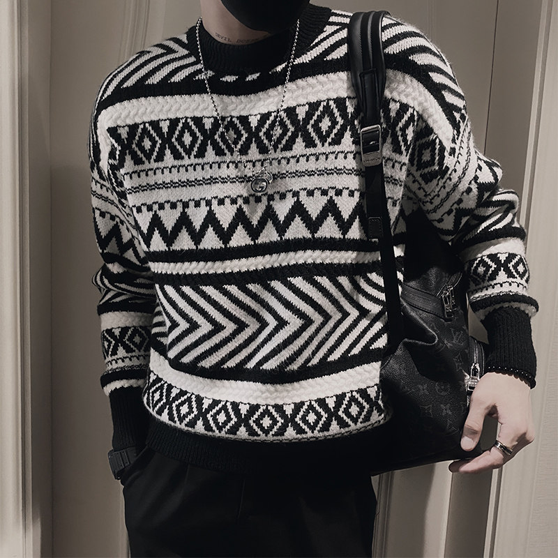 Winter social guy retro striped jacquard bottoming sweater sweater for men black head 2