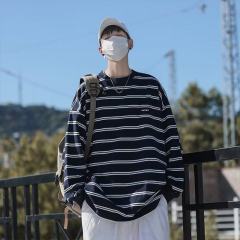 Autumn trendy Japanese cityboy striped sweatshirt men's long-sleeved round neck pullover T-shirt top