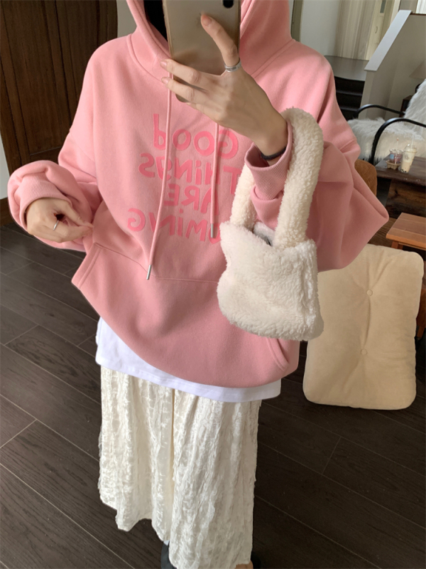Autumn and winter plus velvet lazy wide version letter hooded sweatshirt for women + thick velvet lace skirt
