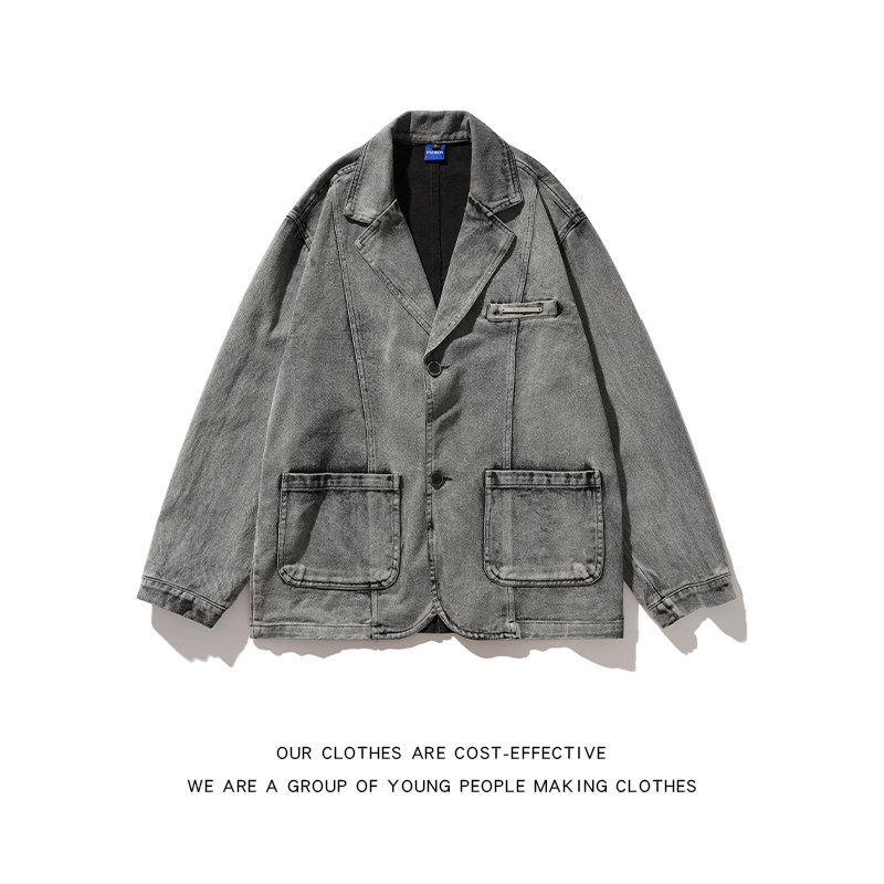 Autumn American high-end design denim couple style street workwear distressed jacket