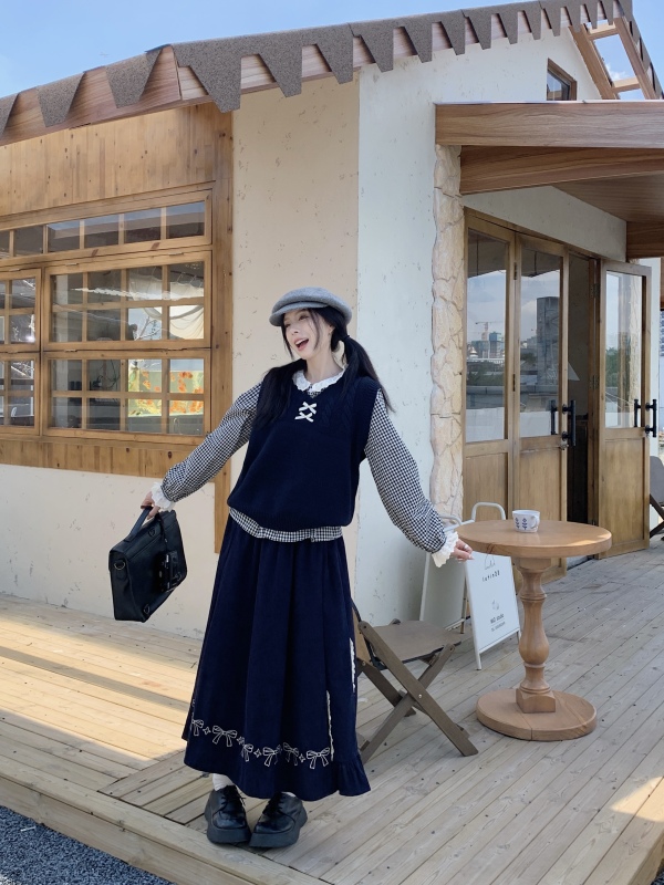 Korean style forest style literary layered vest lace collar plaid shirt embroidered corduroy skirt