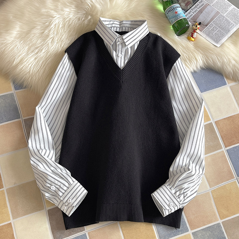 Men's fake two-piece sweatshirt shirt collar new embroidered knitted bottoming shirt