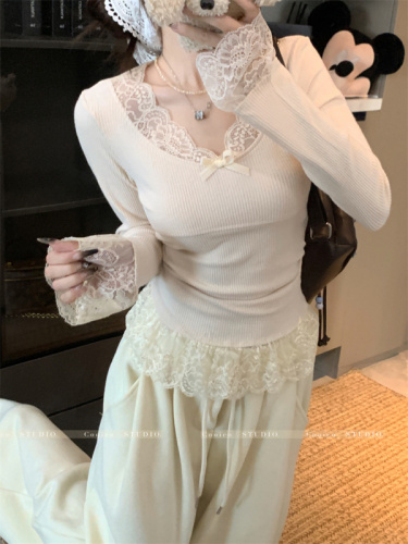 Korean lace spliced ​​bow base + versatile thickened busty wide-leg pants + yellow sweater jacket