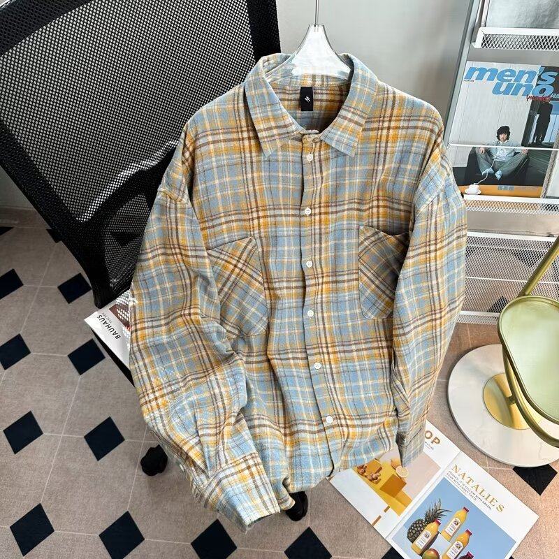 American retro plaid long-sleeved shirts for men and women with lapels, loose casual and versatile shirts