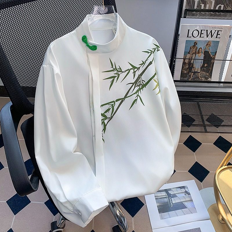 New Chinese style Chinese style button embroidered long-sleeved shirt men's Tang suit Taoist robe shirt jacket spring