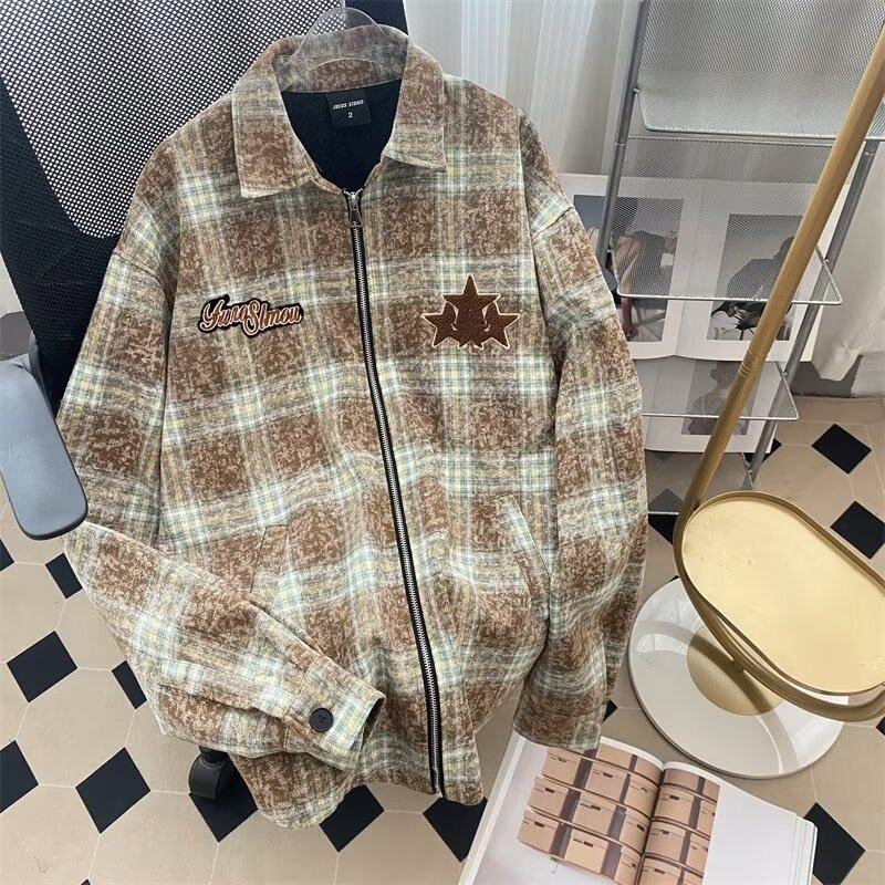 American star embroidered plaid shirt jacket for men in autumn and winter national fashion zipper woolen retro atmosphere jacket