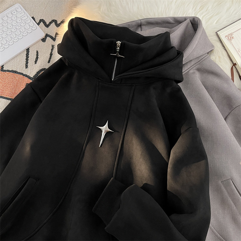 Autumn and winter half-zip hooded jacket American fashion brand loose casual suede sweatshirt for men