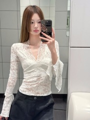 Designed sexy V-neck waist slimming lace shirt women's pure desire slimming top