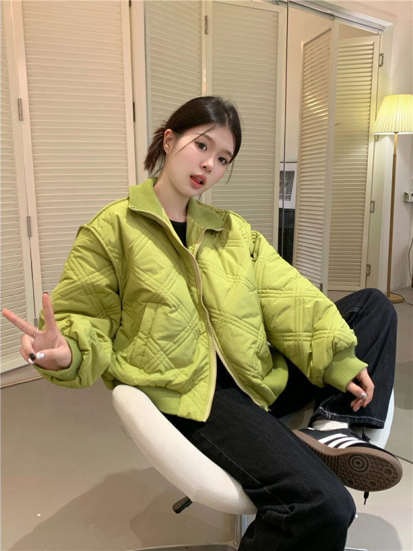 New Korean style loose and slim diamond-shaped long-sleeved baseball uniform with stand-up collar and warm cotton jacket for women