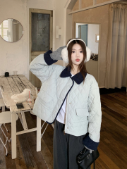 Diamond contrasting color lapel cotton coat for women 2024 winter new style small, light, loose, long-sleeved cotton coat